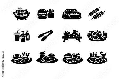 Summer party food. Solid icon set of Summer party food: barbecue platter, burger and fries, hot dogs tray, grilled vegetables, cold drinks set, serving tongs,