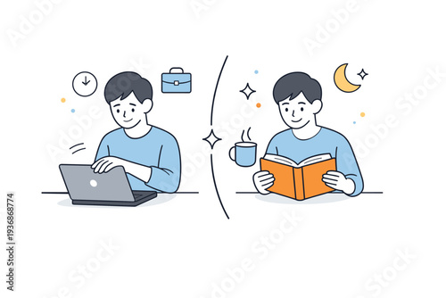Modern ritual of transition. A person changing from work to rest mode, closing a laptop and opening a book. Symbolic shift marked by simple intentional