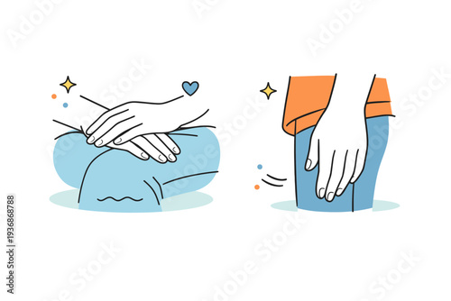 Hands without gloves in quiet pauses. A person rests their hands in their lap or at their sides, uncovered and still. The scene conveys ease, calm, and bodily