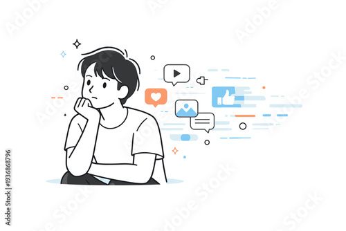 Ephemeral digital life. Person pausing thoughtfully while digital elements blur and drift away in the background. Awareness of how online moments pass quickly.