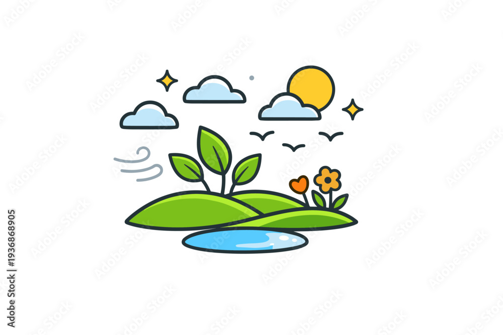 Fototapeta premium Spring mood a peaceful scene with fresh leaves, open sky, and subtle motion conveying lightness, optimism, and seasonal calm. Minimalist flat vector