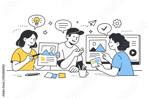 Graphic design. Friendly characters reviewing posters and screens together, exchanging ideas and refining visuals. Collaborative mood centered on creativity