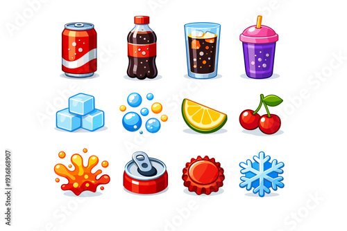 Fizzy drink. Colorful flat vector icons set of fizzy drink: soda can, soda bottle, glass with bubbles, straw cup, ice cubes, splash bubbles, lemon slice,