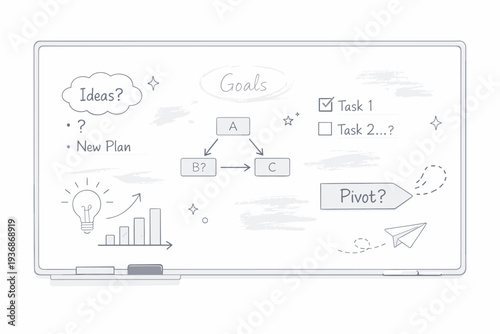 Whiteboards partially erased. Close-up of a whiteboard surface with partial erasure marks, ghosted text and lingering ideas. Scene of ideation, incomplete