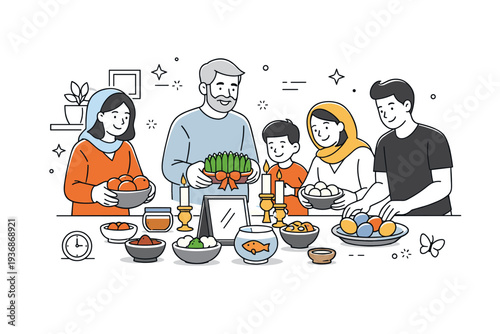Nowruz celebration. People calmly preparing for the new year, arranging a Haft-Seen table together in a friendly, modern interior. Warm atmosphere of