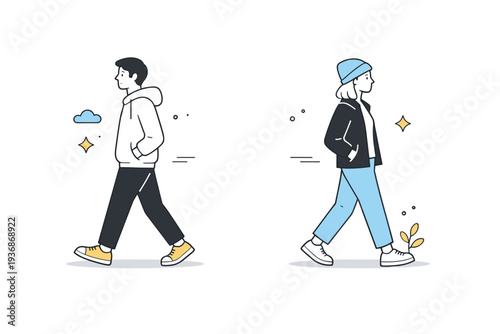 Hands in pockets walking. Two people walk separately in the same direction, both with hands in pockets, no interaction. Shared path, independent movement,