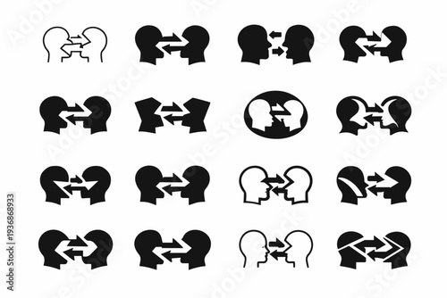 The impact of social media on mental health. Icon set. Set Logo of The impact of social media on mental health: comparison arrows and profile heads. harmonious