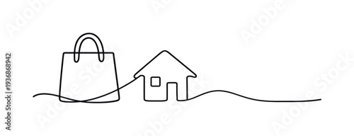 Shopping bag and house icon connected by a continuous line, symbolizing home delivery