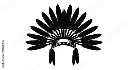 A striking black silhouette of a traditional native american warbonnet with detailed feather arrangement high quality