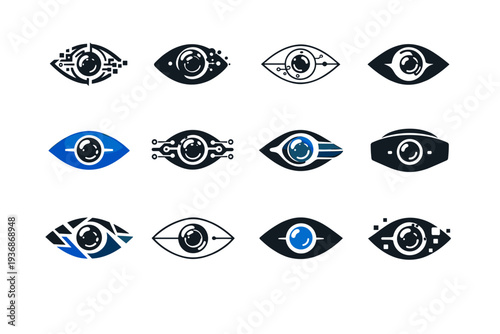 Virtual reality. Icon set. Set Logo of Virtual reality: human eye transformed into digital lens. harmonious logo variations of the same emblematic concept,