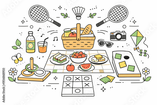 Spring picnic play overview. Symmetrical flat lay combining outdoor games, snacks, and spring decor elements. Balanced editorial composition expressing calm