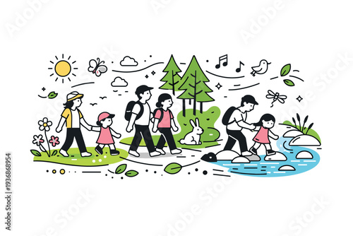 Spring walk exploration. A symbolic editorial composition of a family moving through varied spring environments?meadow, forest, creek?represented in connected