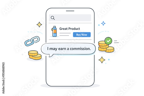 Transparent affiliate disclosure. A mobile screen showing a product link with a short note like ?I may earn a commission,? abstract floating line icons of