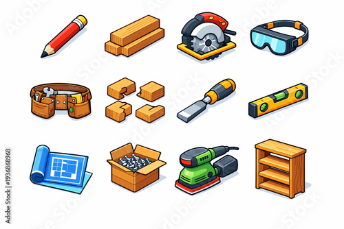 DIY woodworking. Colorful isometric vector icons set of DIY woodworking: carpenter pencil, wooden beams, circular saw, safety goggles, tool belt, wood joints