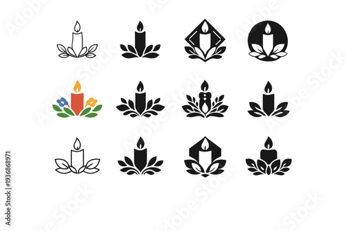 Candle centerpiece. Icon set. Set Logo of Candle centerpiece: single candle with decorative floral base. harmonious logo variations of the same emblematic