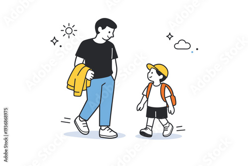 Extra layers just in case. A parent walking beside a child, casually carrying a jacket instead of wearing it. Quiet readiness and thoughtful presence in an