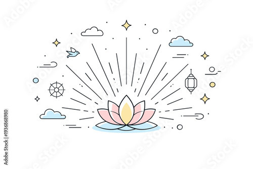 Vesak. An abstract illustration of light spreading from a central lotus, symbolizing enlightenment and compassion. Calm energy with gentle decorative elements