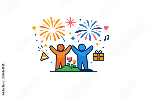 Spring fireworks celebration cheerful scene with fireworks, sparkles and light decorative accents, conveying happiness, togetherness and a festive spring mood.