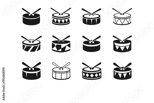 Music and instruments. Icon set. Set Logo of Music and instruments: drum and sticks. harmonious logo variations of the same emblematic concept, each with