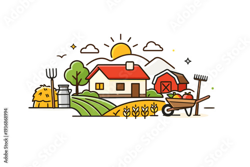 Family farm life and traditional agricultural practices centered on a small farmhouse with surrounding fields and a few farm tools, expressing simplicity,
