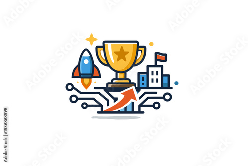 Entrepreneurship achievements in tech startups illustrated through a compact badge with a trophy, circuit lines, and startup symbols expressing recognition and