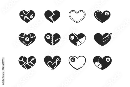 Hand-sewn stuffed animals and toys. Icon set. Set Logo of Hand-sewn stuffed animals and toys: stitched heart. harmonious logo variations of the same emblematic