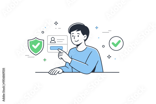 Trust in technology concept. A person calmly interacting with a digital interface, shield and checkmark symbols subtly floating nearby. Feeling of safety,