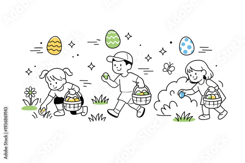 Children searching for Easter eggs. Kids exploring a soft green garden with small baskets, floating icons of eggs, sparkles, and motion lines adding playful
