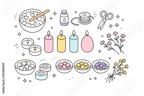 Easter candle making. Top-down flat lay of pastel candles, wax flakes, and dried flowers prepared for decoration. Gentle festive mood with clean organization