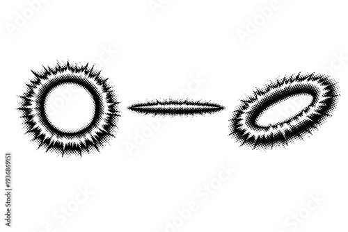 Comic halftone shockwave ring effect, a single circular shockwave effect object displayed in front view, side profile view, and three-quarter perspective view