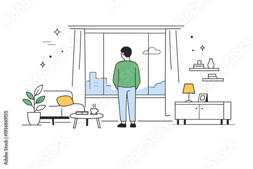 Ambient loneliness interiors. A person stands by a window looking outside, interior space wide and uncluttered behind them. Quiet reflection scene shaped by