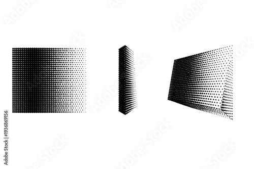 Black white dotted fade A smooth dotted fade pattern transitioning from dense to sparse dots shown in front view, side view, and three-quarter view as three