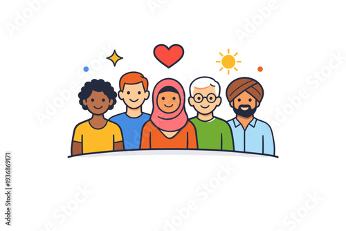 Diversity and inclusion centered on people of different backgrounds standing together with balanced spacing and shared visual rhythm. A positive editorial