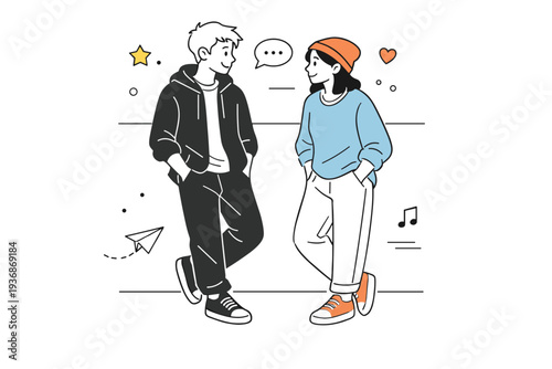 Teenagers hanging without phones. Two teens leaning against a wall and talking quietly, hands in pockets, relaxed posture. Unhurried moment, everyday youth