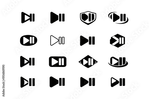 Television remote buttons. Icon set. Set Logo of Television remote buttons: play pause control. harmonious logo variations of the same emblematic concept, each