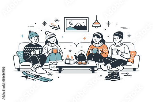 Winter apres-ski indoor ritual. Knit textures, warm mugs, and simple decor arranged symmetrically. Peaceful social mood emphasizing rest, warmth, and shared