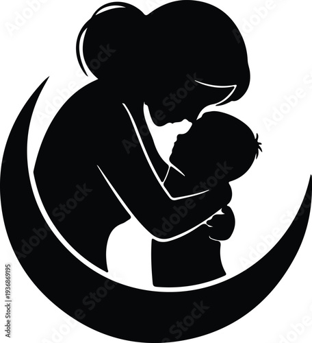 Vector mother hugging her small child inside a crescent moon silhouette design