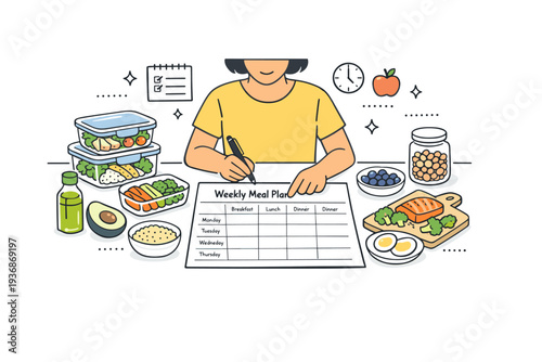 Meal prep planning. A calm editorial scene of a person reviewing a weekly meal plan with containers and ingredients laid out on the table. The mood shows