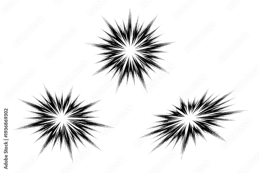 Obraz premium Radial burst shape depicted as one isolated graphic object presented in centered front view, rotated orientation, and three-quarter angled view highlighting
