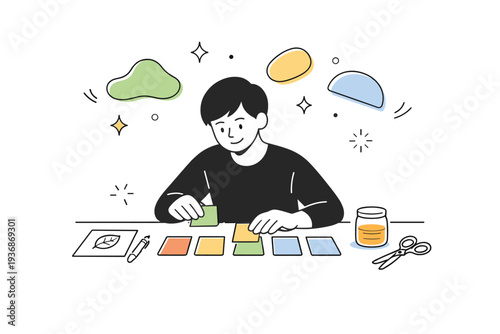 Experimenting with color swatches. A person arranging test swatches dyed in different natural hues, abstract floating shapes and stars expressing discovery and