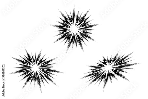Radial burst shape depicted as one isolated graphic object presented in centered front view, rotated orientation, and three-quarter angled view highlighting