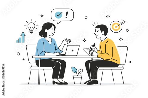 One-on-one feedback conversations. A quiet office scene where one person gives constructive feedback while the other takes notes thoughtfully. Calm