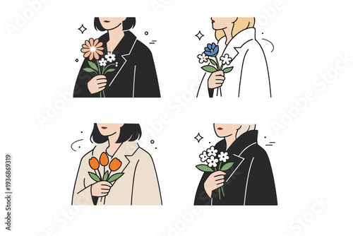 Women with flowers in coats as abstract portrait. Cropped or simplified figure with flowers partially visible against a coat, focusing on color balance and