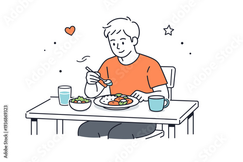 Normal everyday meals. Person sitting at a simple table eating a casual home-cooked dish, relaxed posture and calm expression. Quiet daily routine and comfort
