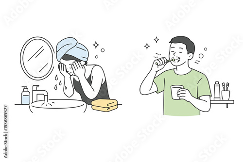 Quiet morning preparation. A person washing face and brushing teeth with relaxed posture, expressing simplicity and self-care. Clean, minimal bathroom scene