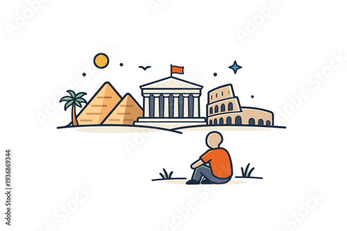 History minimal human figure observing historical landmarks, conveying curiosity, reflection, and understanding of earlier times. A calm editorial illustration