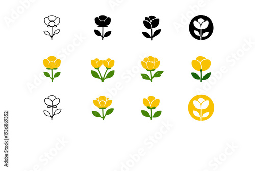 Buttercup. Icon set. Set Logo of Buttercup: Buttercup with stem and leaves. harmonious logo variations of the same emblematic concept (Minimal outline, Filled