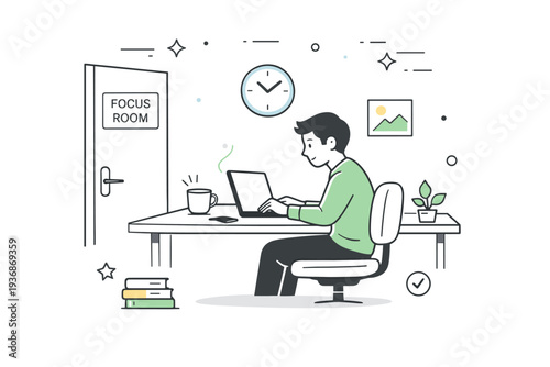 Quiet focus rooms at offices. A single employee works silently in a small dedicated focus room, seated at a desk with a laptop and minimal decor. The scene