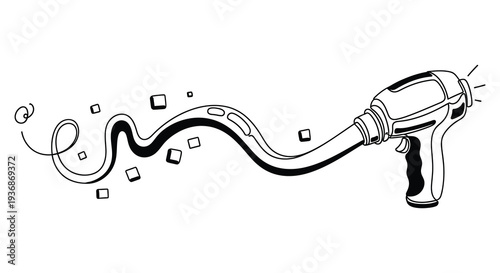 Stylized black and white illustration of a retro ray gun with swirling energy effects high quality