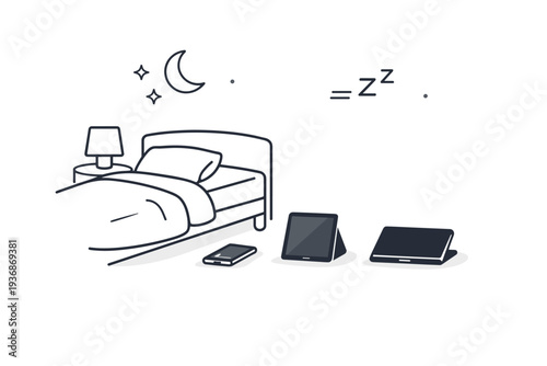 Devices unused presence. Digital device dimmed beside a bed, lights out and room at rest. Passive presence of tech during human downtime. Minimalist flat